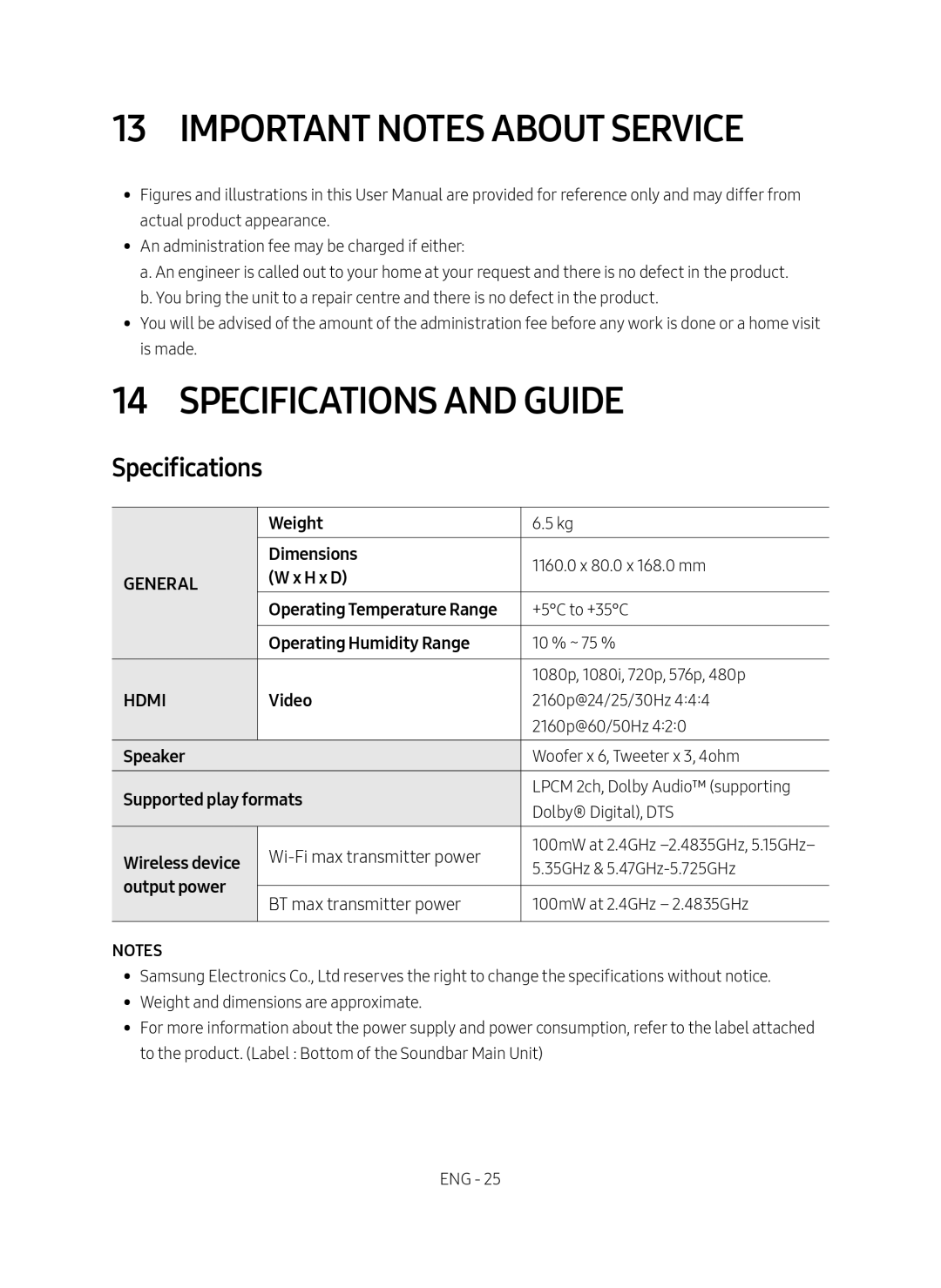 Samsung HW-MS6500/ZG, HW-MS6501/EN, HW-MS6500/EN, HW-MS6501/ZG manual Important Notes About Service, Specifications and Guide 