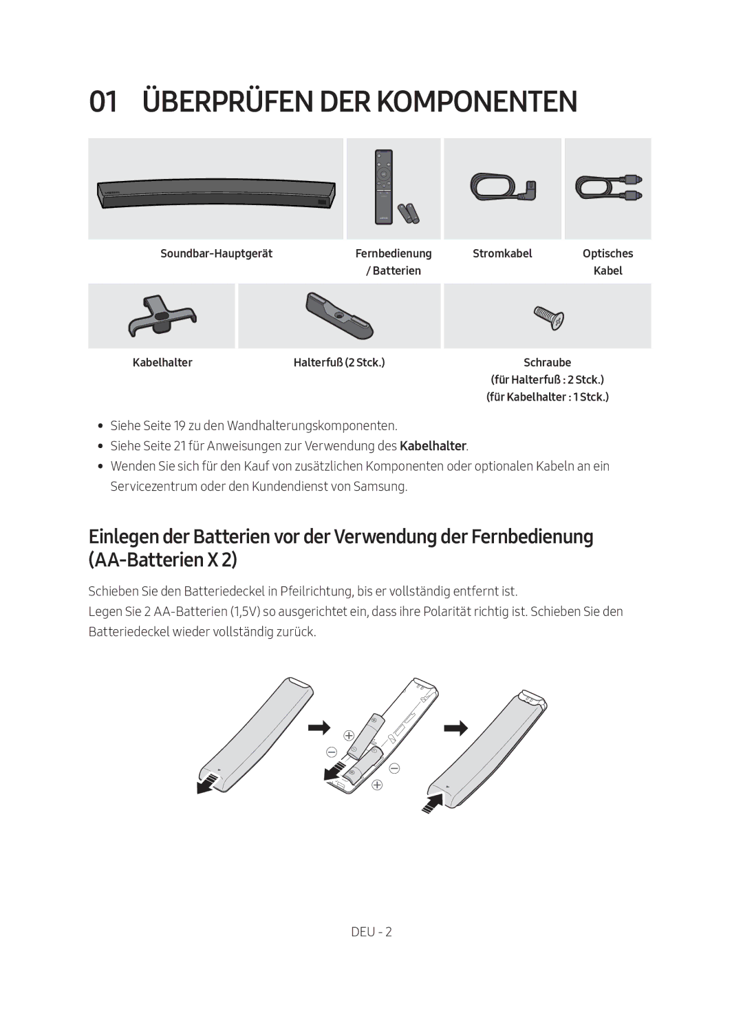 Samsung HW-MS6501/EN, HW-MS6500/ZG, HW-MS6500/EN manual 01 Überprüfen der Komponenten, Soundbar-Hauptgerät, Kabelhalter 