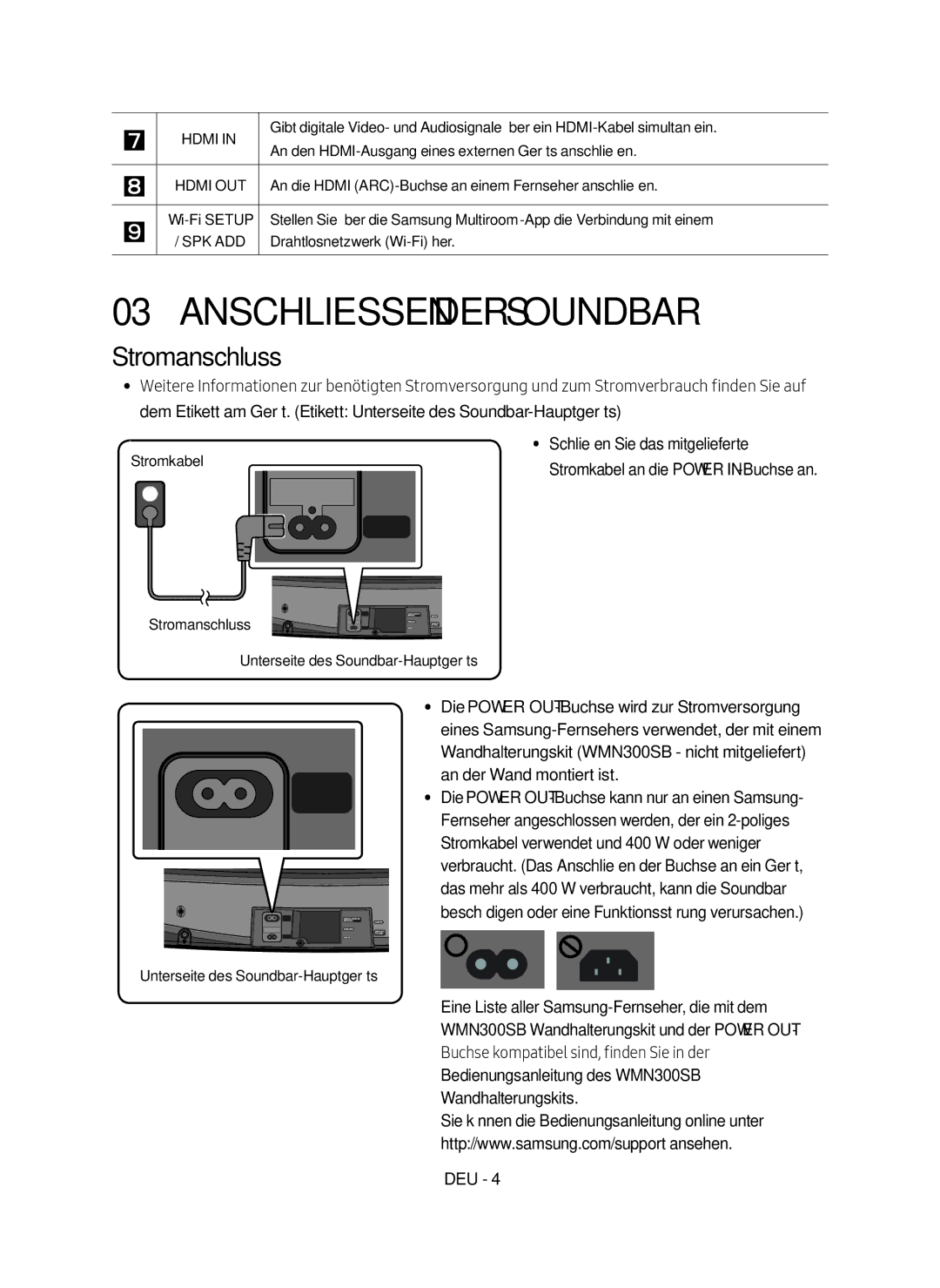 Samsung HW-MS6500/EN, HW-MS6501/EN, HW-MS6500/ZG, HW-MS6501/ZG manual Anschliessen der Soundbar, Stromanschluss, Stromkabel 