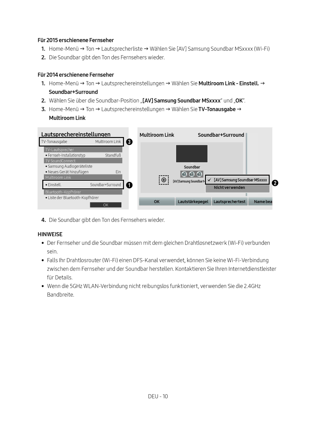 Samsung HW-MS6501/EN manual Lautsprechereinstellungen, Für 2015 erschienene Fernseher, Für 2014 erschienene Fernseher 