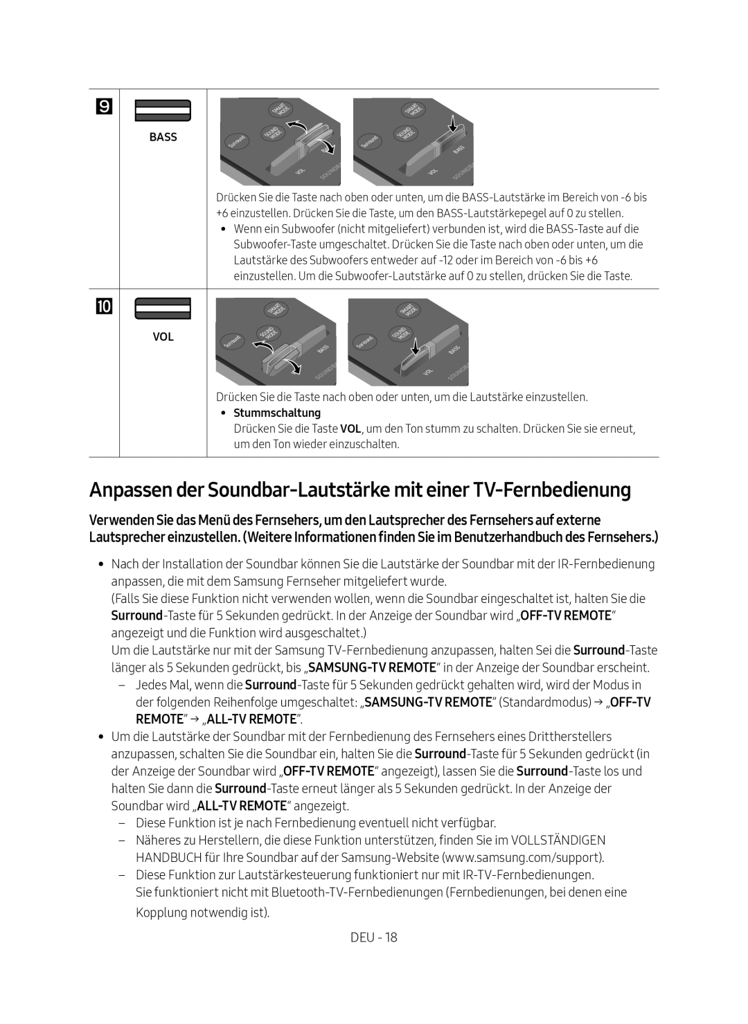 Samsung HW-MS6501/EN, HW-MS6500/ZG manual Anpassen der Soundbar-Lautstärke mit einer TV-Fernbedienung, Stummschaltung 