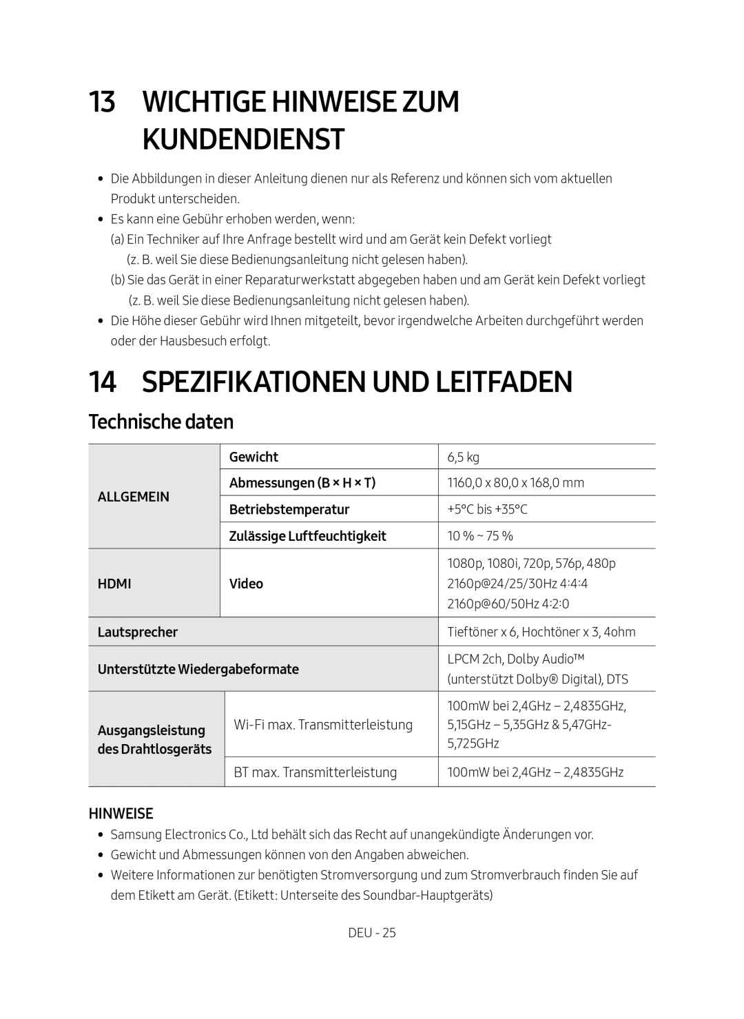 Samsung HW-MS6501/ZG, HW-MS6501/EN Wichtige Hinweise zum Kundendienst, Spezifikationen und Leitfaden, Technische daten 