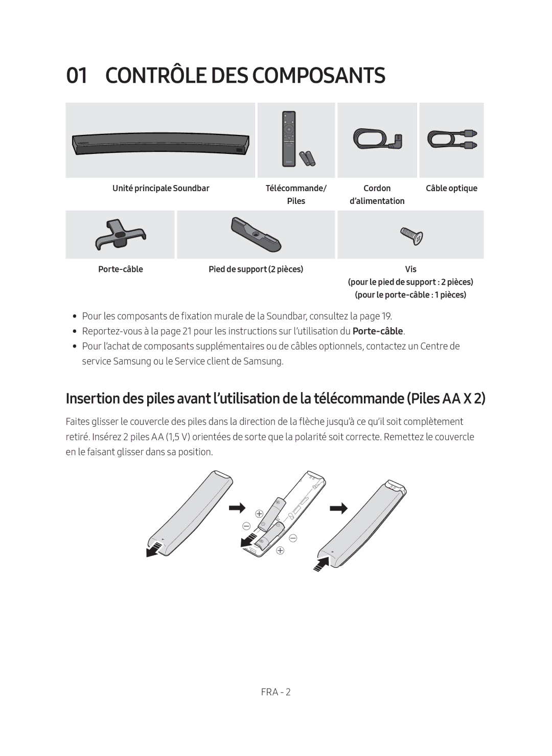 Samsung HW-MS6500/EN, HW-MS6501/EN, HW-MS6500/ZG manual Contrôle des Composants, Unité principale Soundbar, Porte-câble 