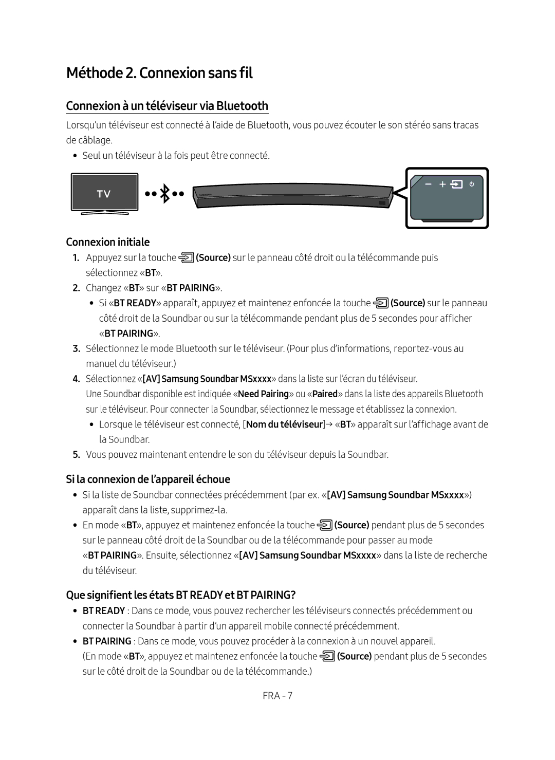 Samsung HW-MS6501/ZG manual Méthode 2. Connexion sans fil, Connexion à un téléviseur via Bluetooth, Connexion initiale 