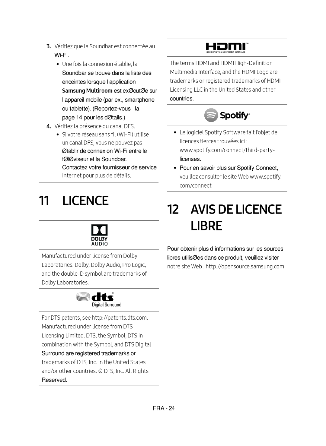 Samsung HW-MS6501/EN, HW-MS6500/ZG, HW-MS6500/EN, HW-MS6501/ZG manual Avis de Licence Libre, Vérifiez la présence du canal DFS 