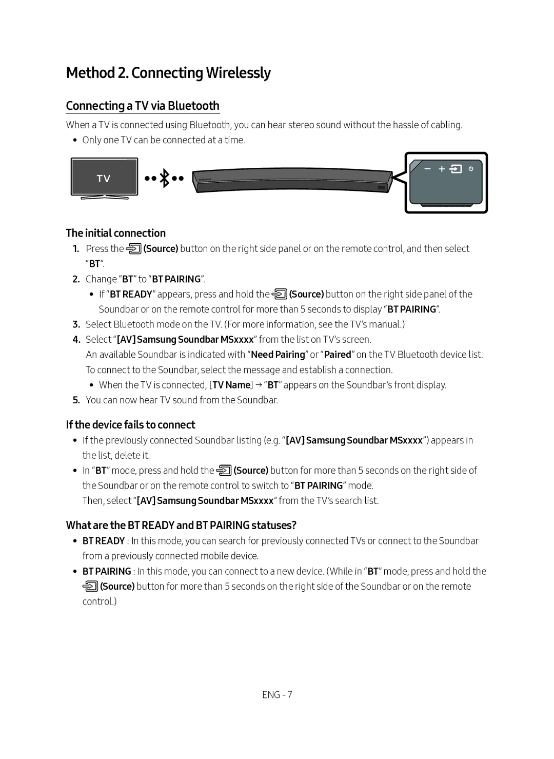 Samsung HW-MS6501/SQ manual Method 2. Connecting Wirelessly, Connecting a TV via Bluetooth, Initial connection 