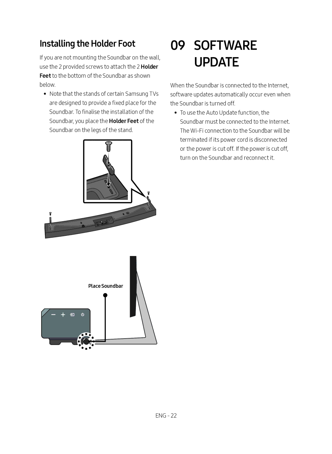 Samsung HW-MS6501/SQ manual Software Update, Installing the Holder Foot, Place Soundbar 