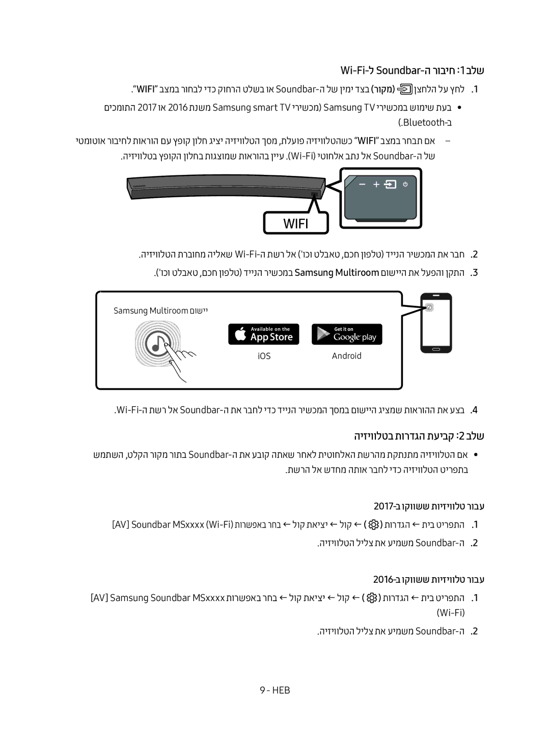 Samsung HW-MS6501/SQ manual Wi-Fi-ל Soundbar-ה רוביח 1 בלש, היזיוולטב תורדגה תעיבק 2 בלש, 2017-ב וקוושש תויזיוולט רובע 