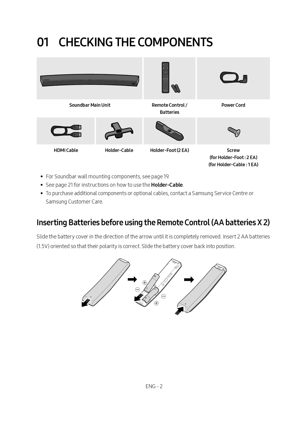 Samsung HW-MS6501/SQ Checking the Components, Soundbar Main Unit, Power Cord Hdmi Cable Holder-Cable Holder-Foot 2 EA 