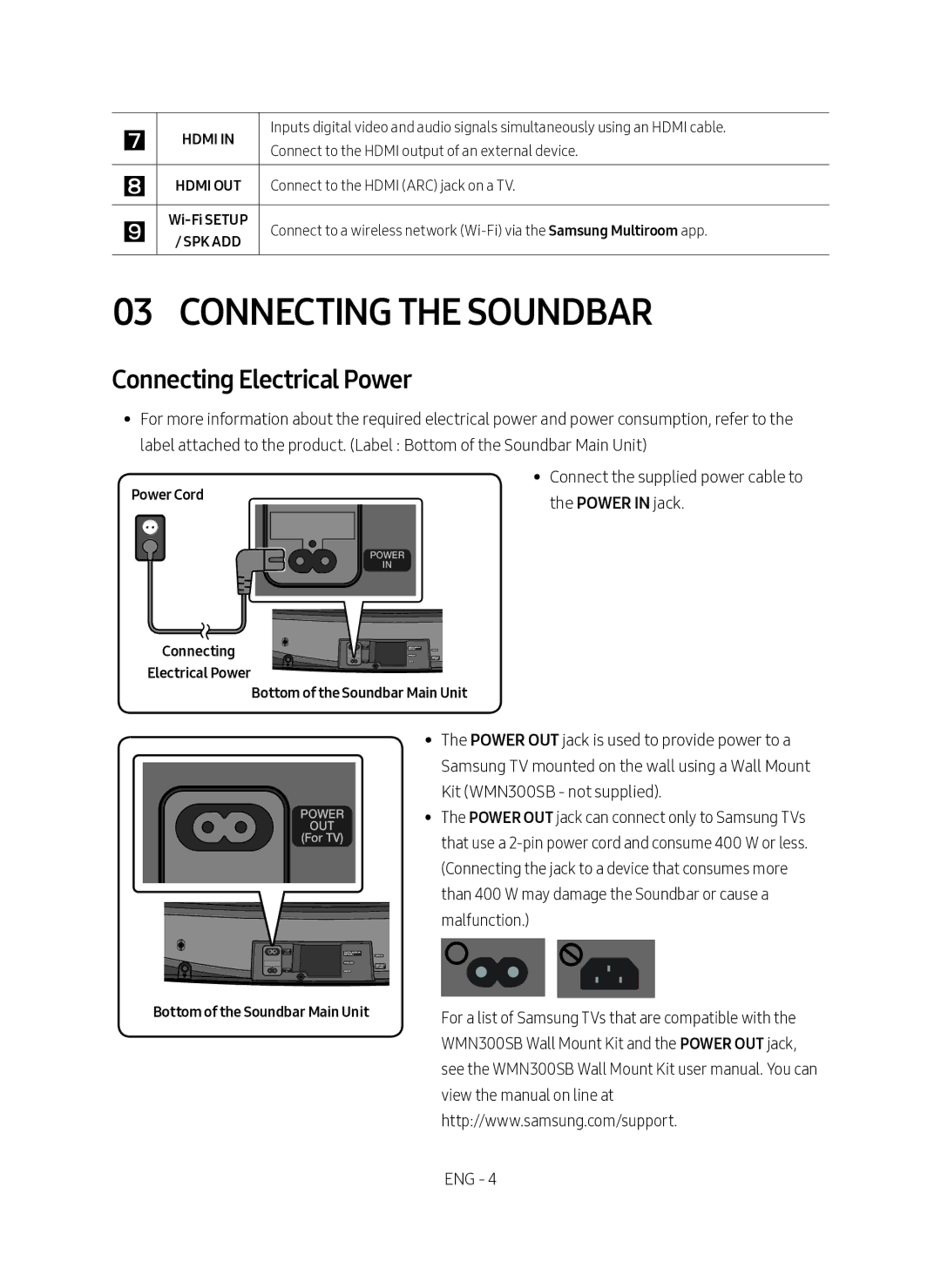 Samsung HW-MS6501/SQ manual Connecting the Soundbar, Connecting Electrical Power 