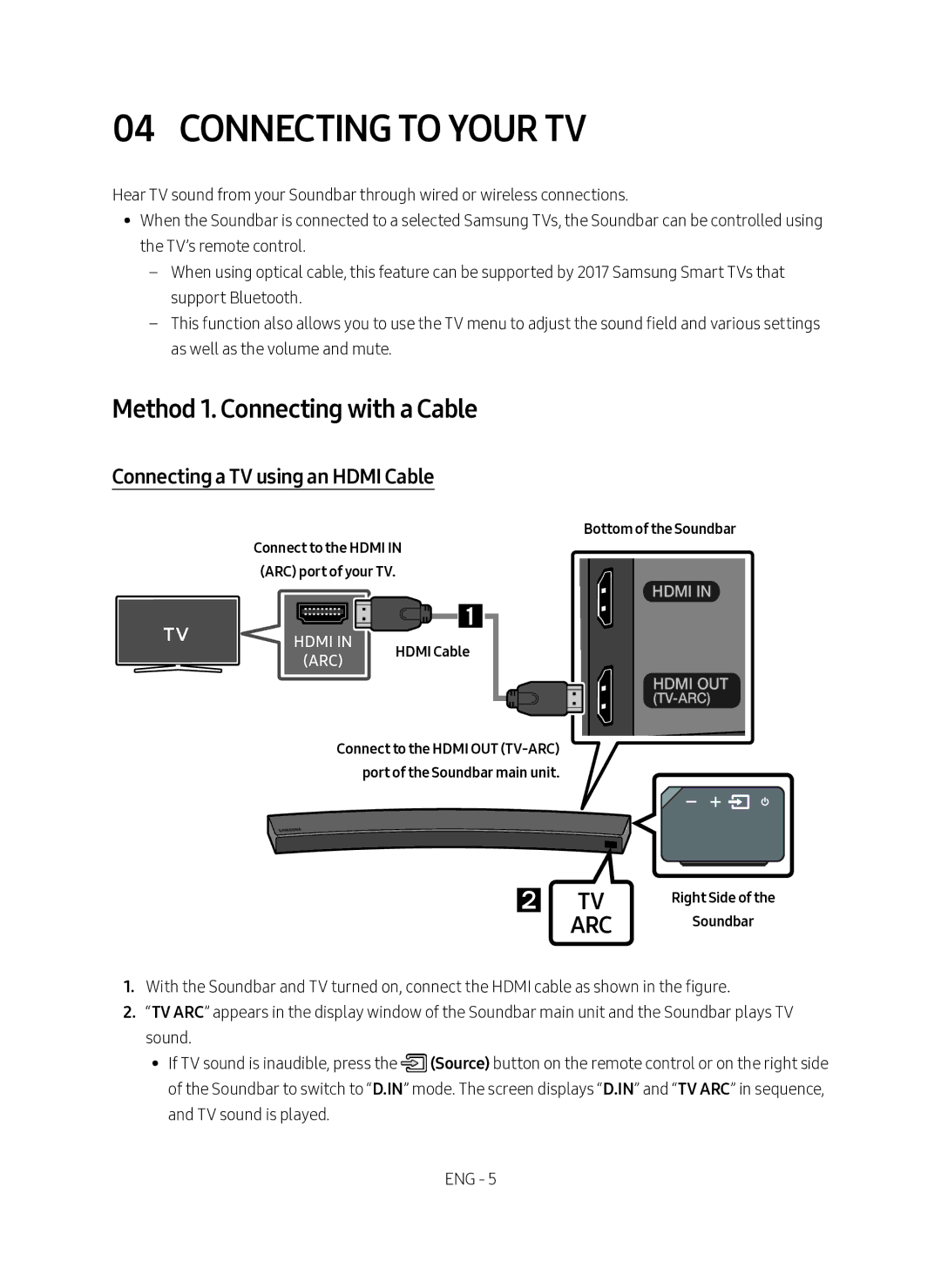 Samsung HW-MS6501/SQ manual Connecting to your TV, Connecting a TV using an Hdmi Cable, Bottom of the Soundbar 