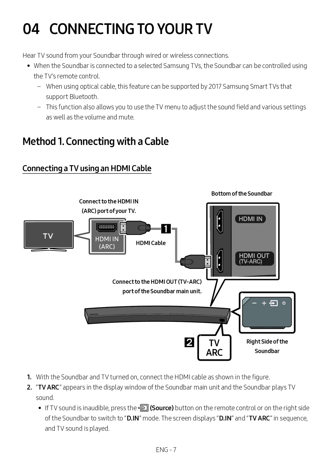 Samsung HW-MS6501/SQ manual Connecting to Your TV, Connecting a TV using an Hdmi Cable, Bottom of the Soundbar 