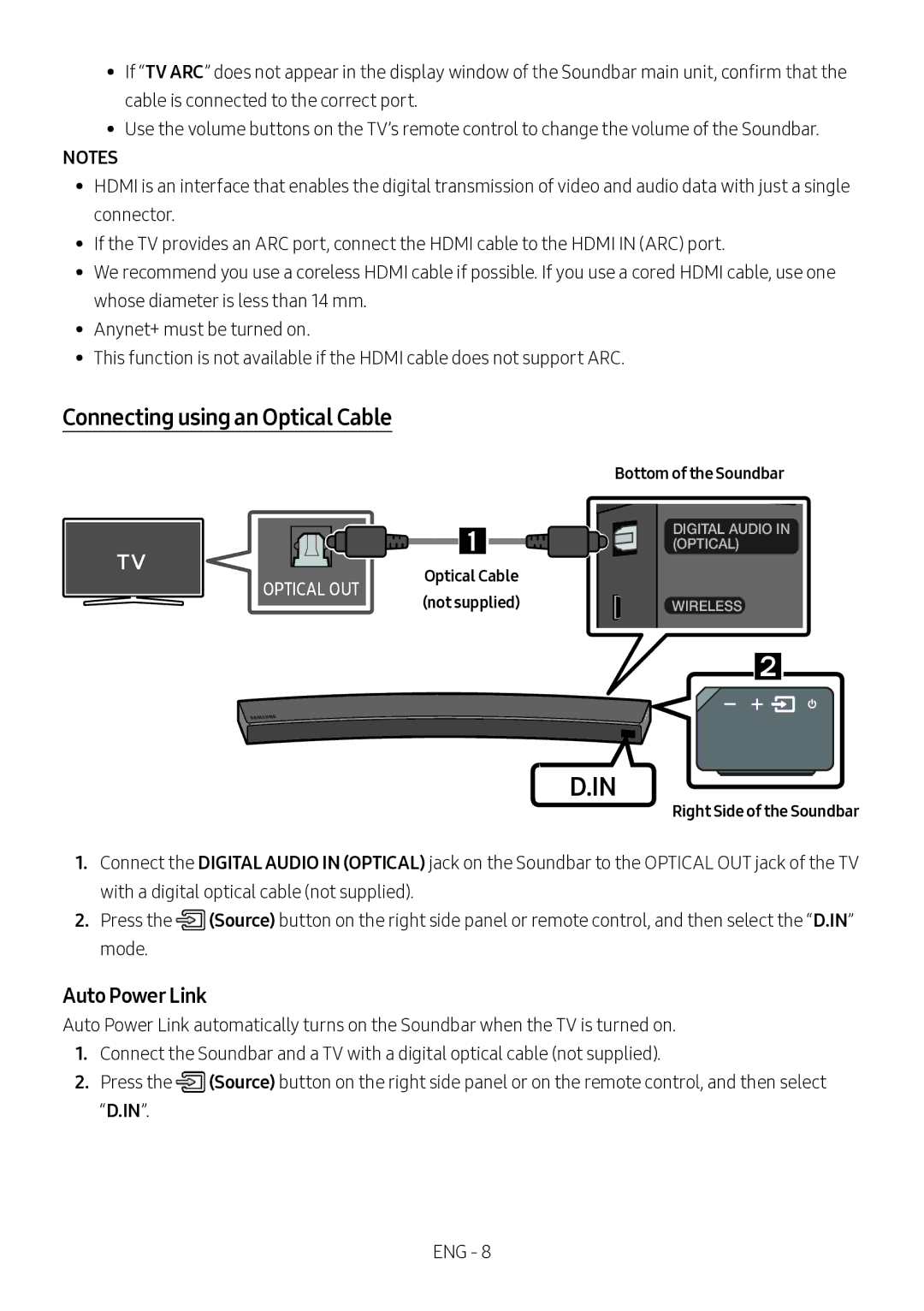 Samsung HW-MS6501/SQ manual Connecting using an Optical Cable, Auto Power Link, Right Side of the Soundbar 