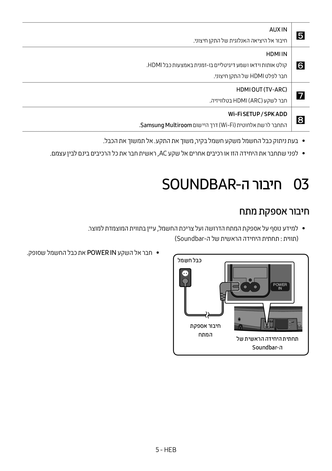 Samsung HW-MS6501/SQ manual SOUNDBAR-ה רוביח0, חתמ תקפסא רוביח, קפוסש למשחה לבכ תא Power in עקשה לא רבח, למשח לבכ 