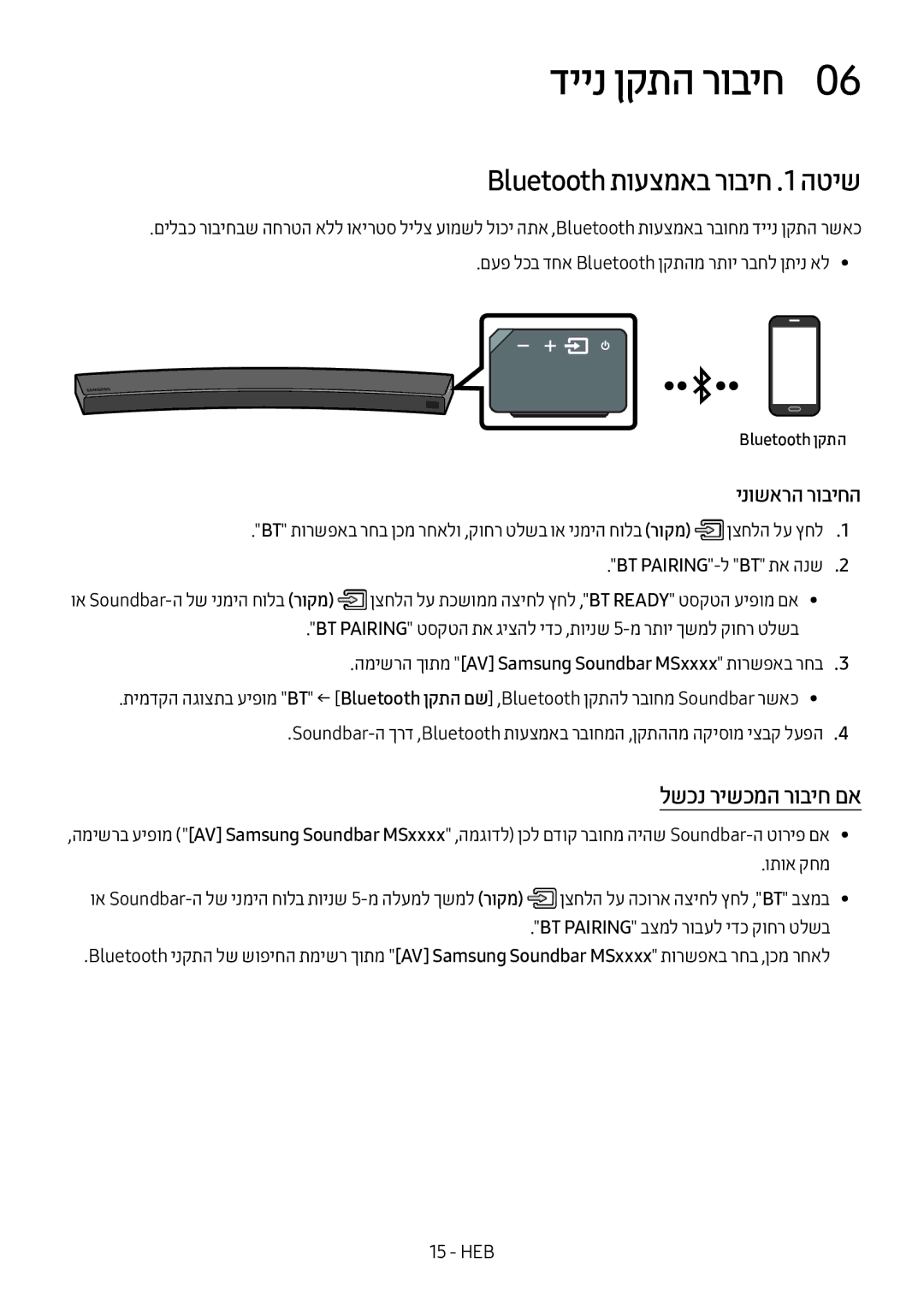 Samsung HW-MS6501/SQ manual דיינ ןקתה רוביח0, Bluetooth תועצמאב רוביח .1 הטיש, לשכנ רישכמה רוביח םא, Bluetooth ןקתה 