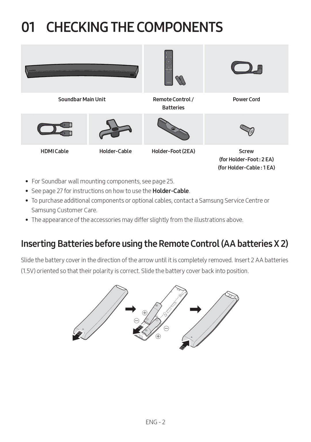 Samsung HW-MS6501/SQ manual Checking the Components, Soundbar Main Unit, Power Cord Hdmi Cable Holder-Cable Holder-Foot 2EA 