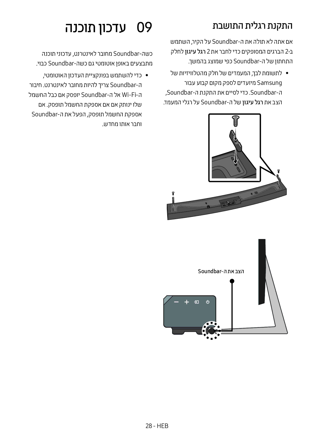 Samsung HW-MS6501/SQ manual הנכות ןוכדע0, תבשותה תילגר תנקתה, שדחמ ותוא רבחו, ךשמהב גצומש יפכ Soundbar-ה לש ןותחתה 