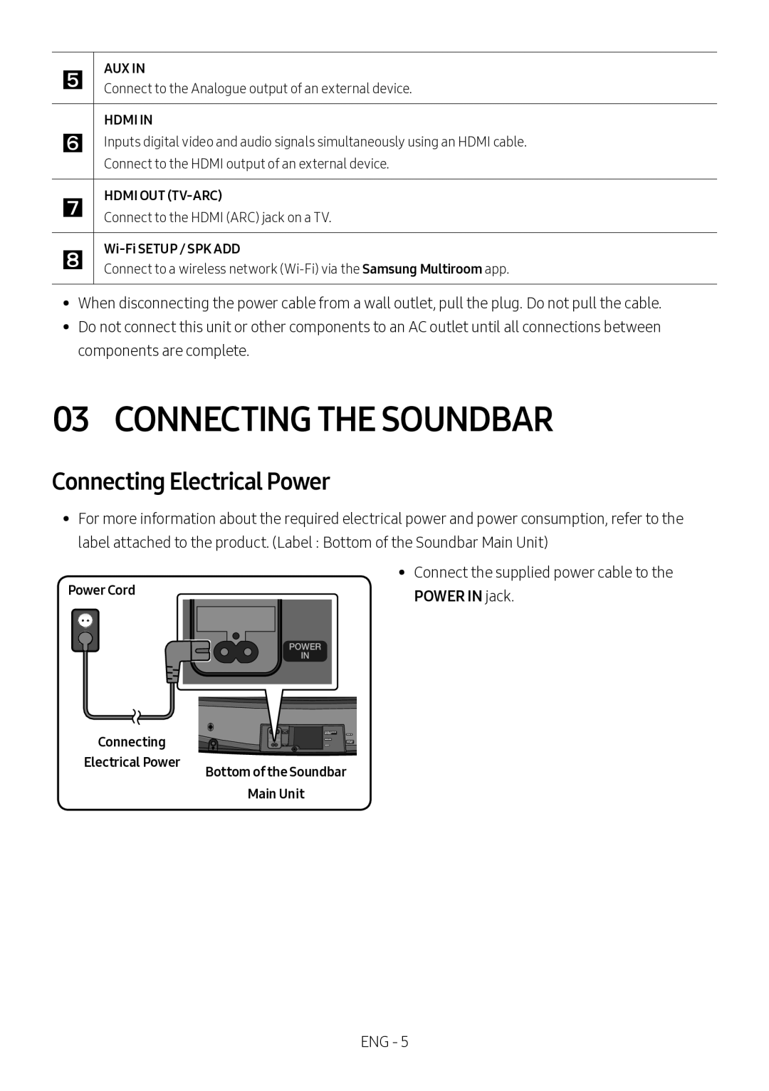 Samsung HW-MS6501/SQ manual Connecting the Soundbar, Connecting Electrical Power, Wi-Fi Setup / SPK ADD, Power Cord 