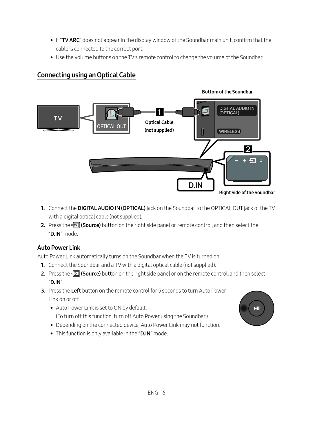 Samsung HW-MS6501/XV manual Connecting using an Optical Cable, Auto Power Link 