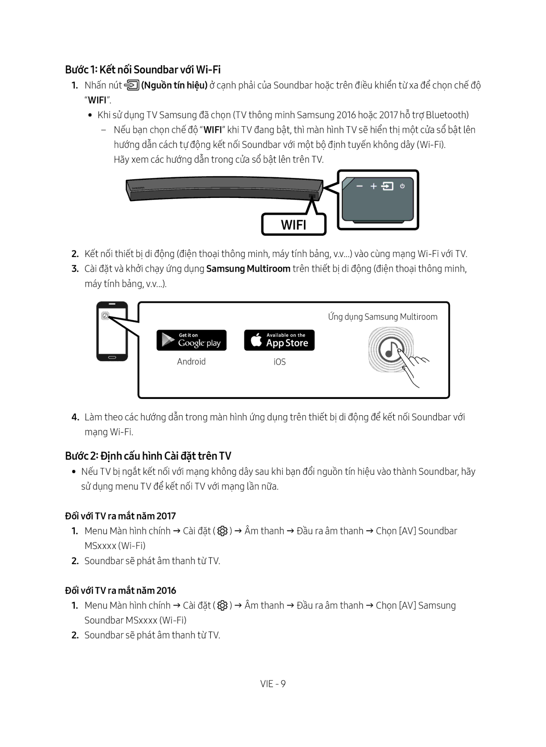 Samsung HW-MS6501/XV manual Bước 1 Kết nối Soundbar với Wi-Fi, Bước 2 Định cấ́u hình Cài đặt trên TV, Đối với TV ra mắt năm 