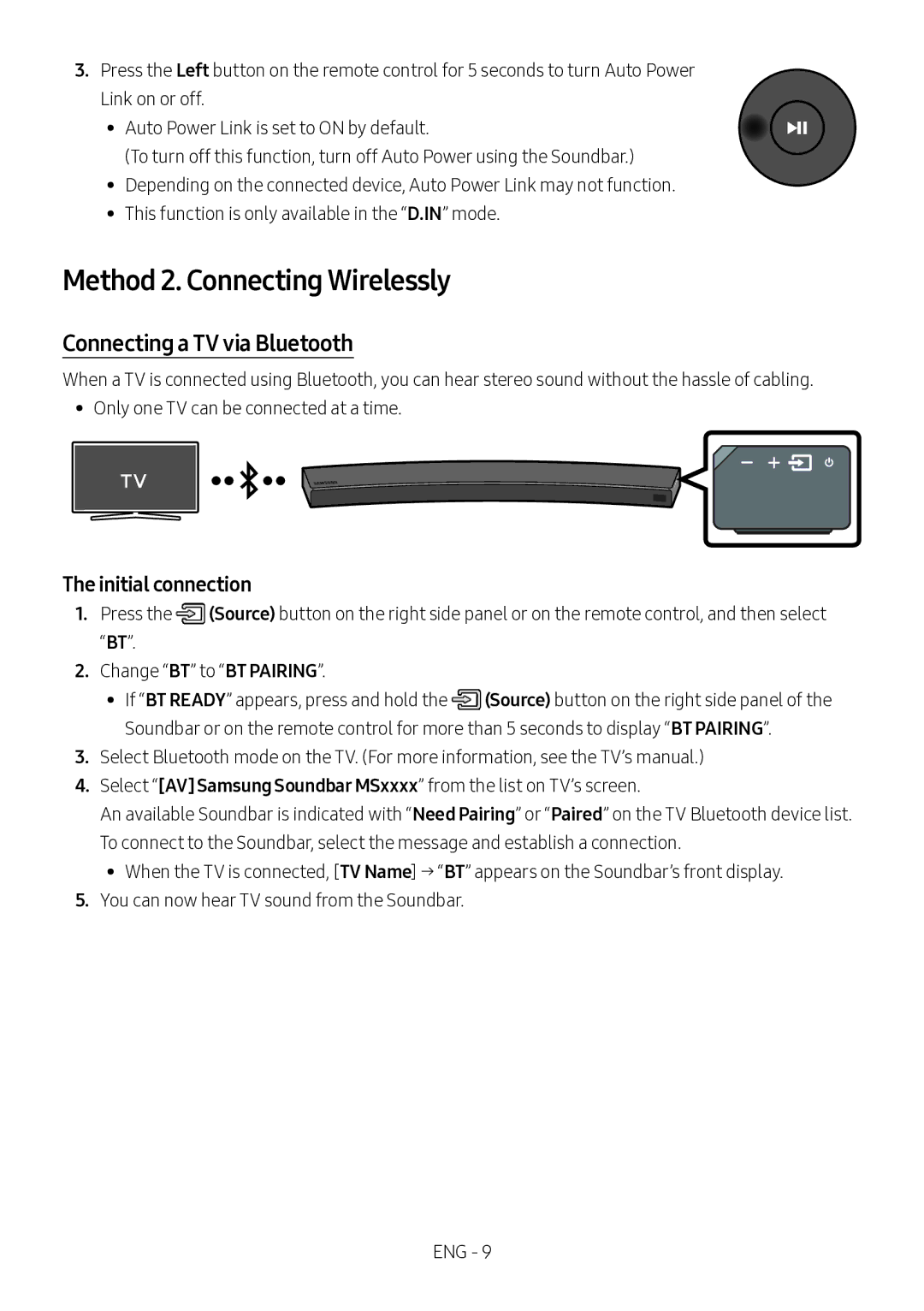 Samsung HW-MS6501/XV manual Method 2. Connecting Wirelessly, Connecting a TV via Bluetooth, Initial connection 