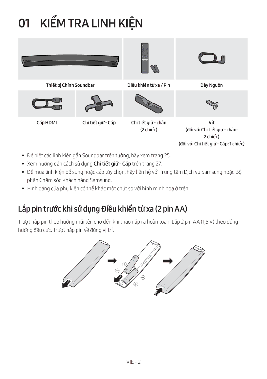 Samsung HW-MS6501/XV 01 Kiểm TRA Linh Kiện, Lắp pin trước khi sử dụng Điều khiển từ xa 2 pin AA, Thiết bị Chính Soundbar 