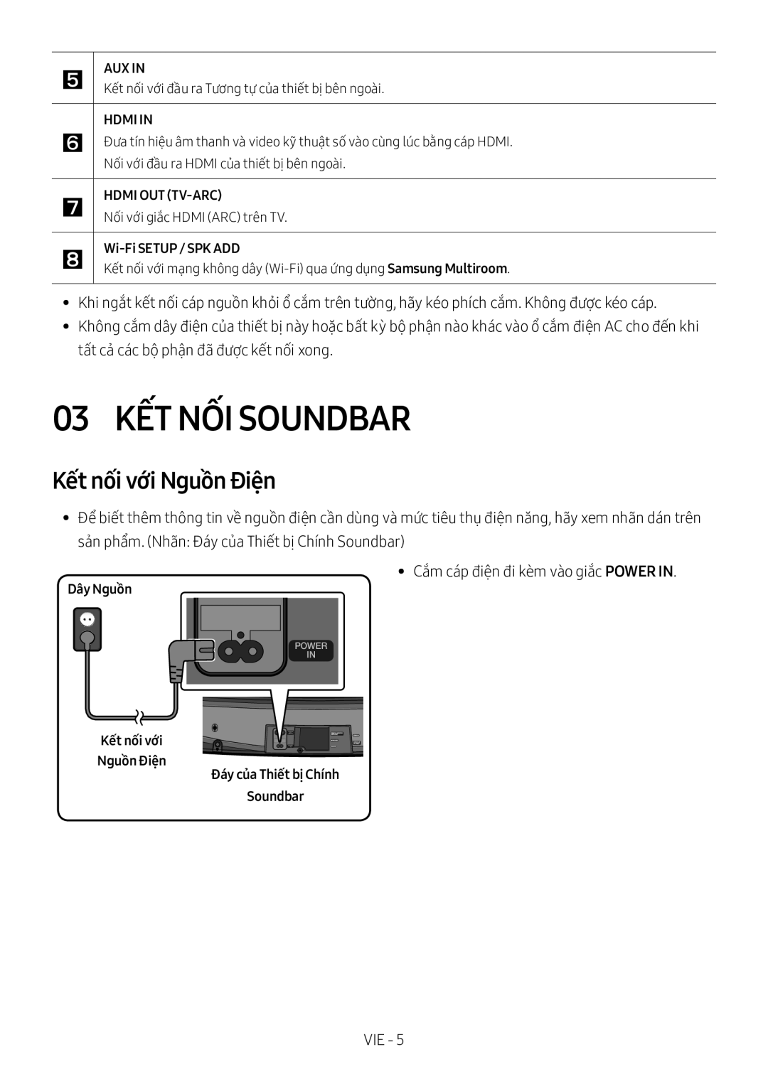 Samsung HW-MS6501/XV manual 03 KẾT NỐI Soundbar, Dây Nguồ̀n Kết nối với Nguồ̀n Điện, Đáy của Thiết bị Chính Soundbar 