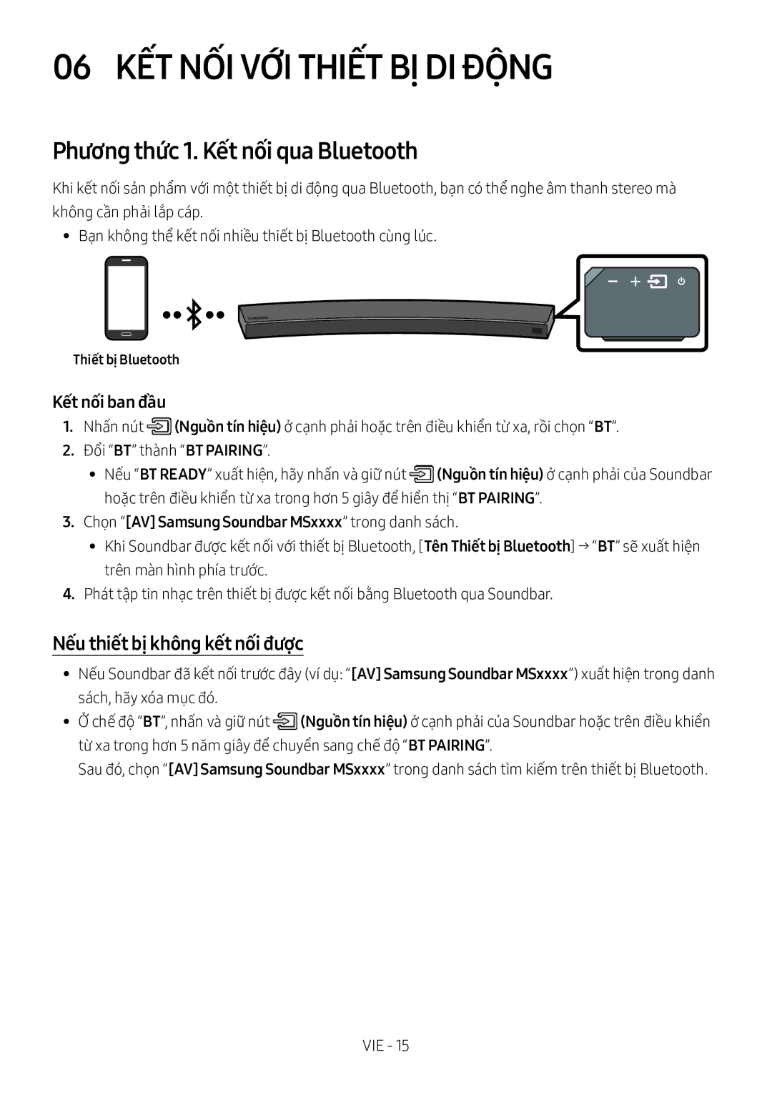 Samsung HW-MS6501/XV manual 06 KẾT NỐI VỚI Thiết BỊ DI ĐỘ̣NG, Phương thức 1. Kết nối qua Bluetooth, Thiết bị Bluetooth 