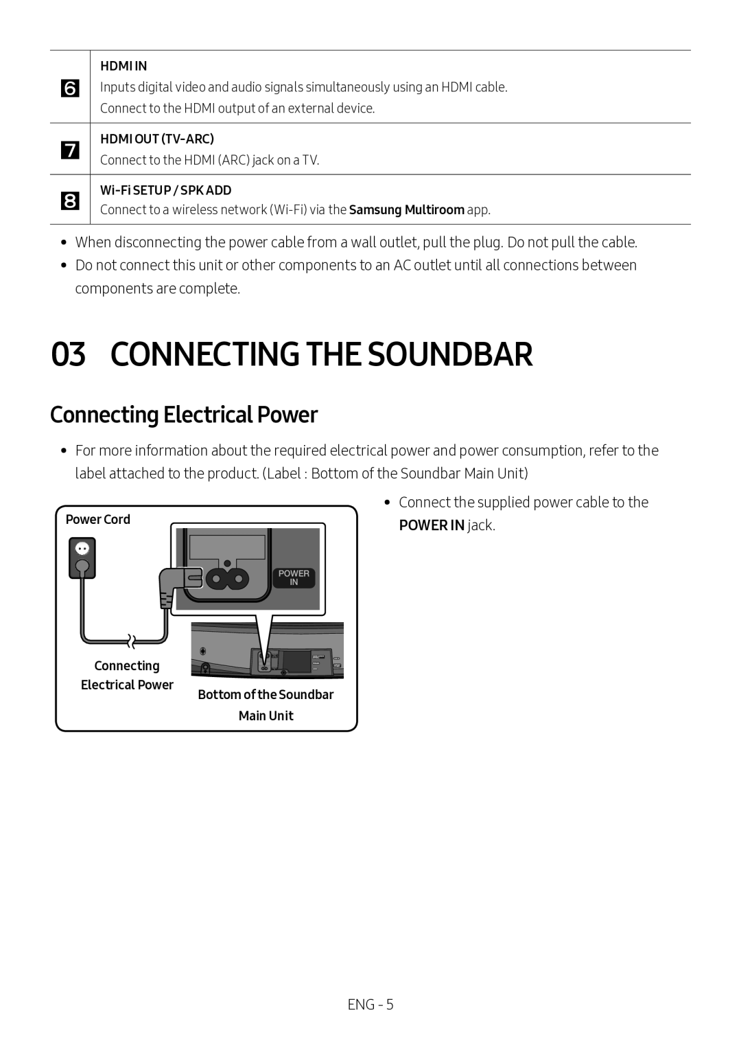 Samsung HW-MS6501/XV manual Connecting the Soundbar, Connecting Electrical Power,  Connect to the Hdmi ARC jack on a TV 