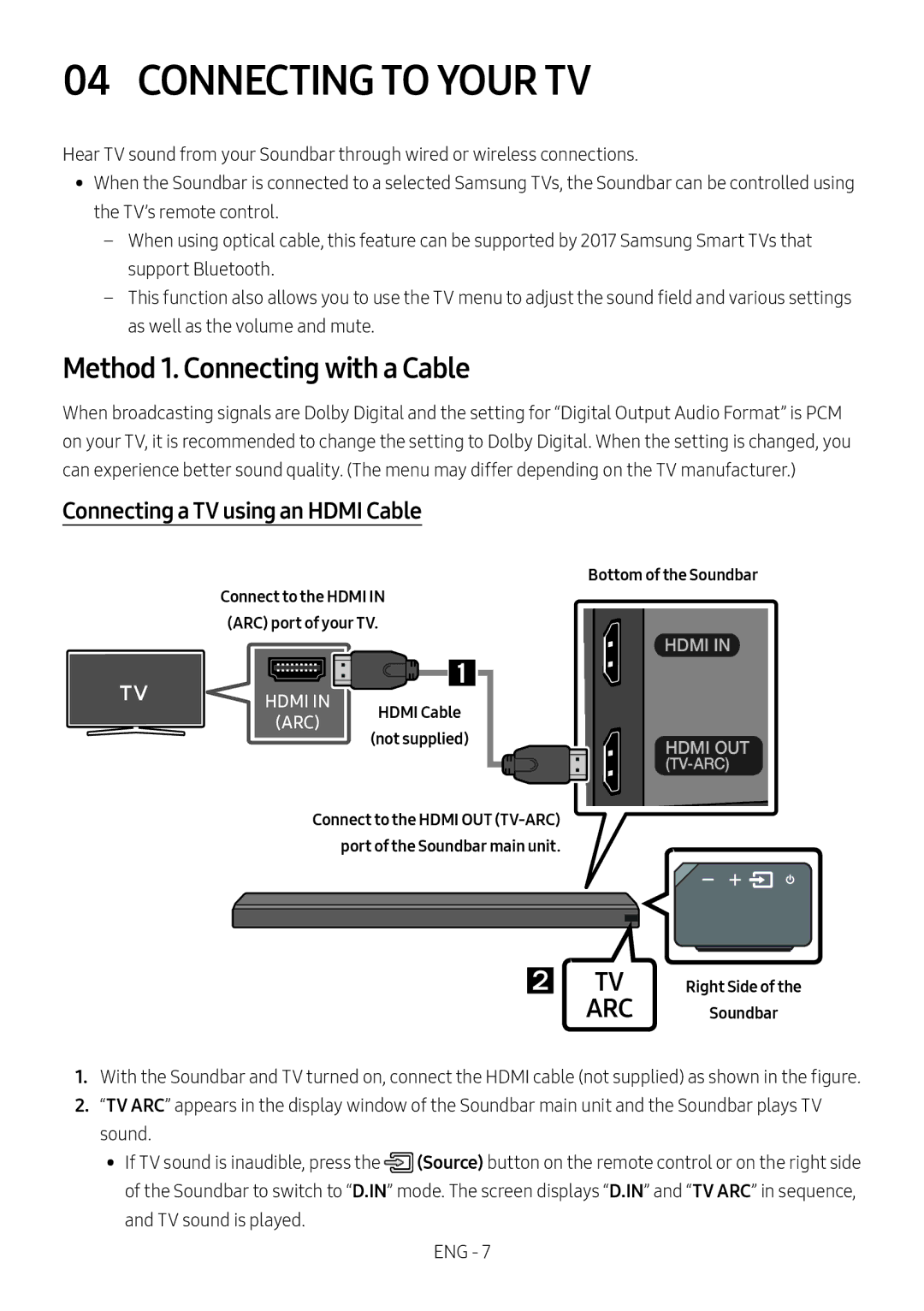 Samsung HW-MS651/EN manual Connecting to Your TV, Method 1. Connecting with a Cable, Connecting a TV using an Hdmi Cable 