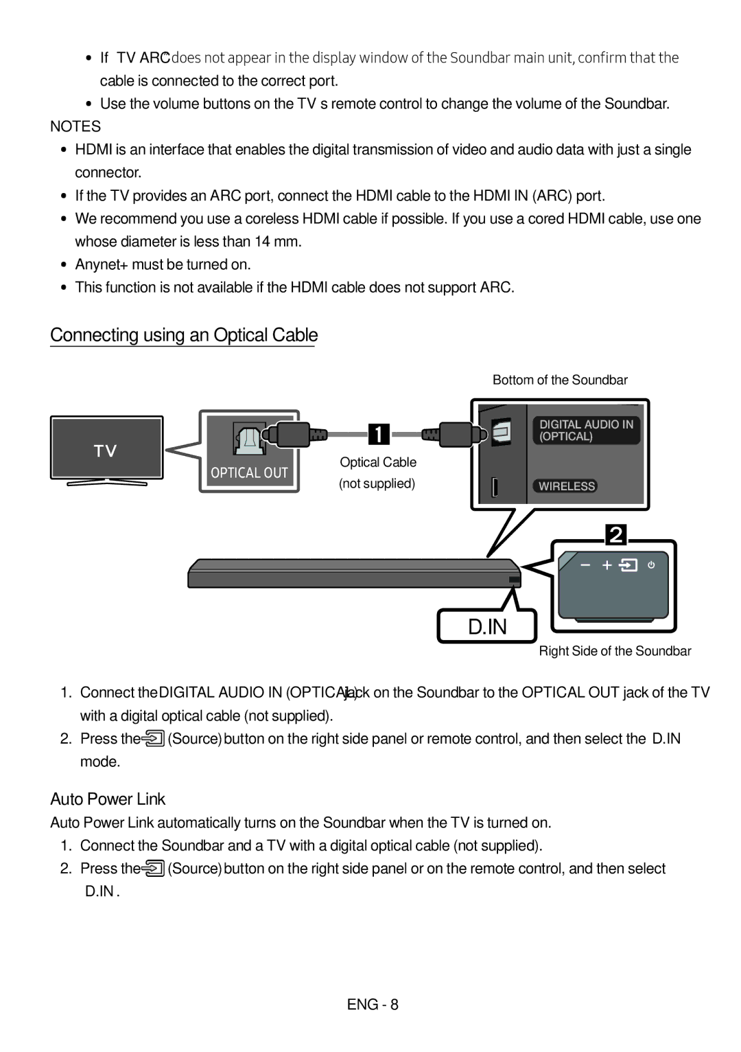 Samsung HW-MS651/ZF, HW-MS650/EN, HW-MS650/ZG, HW-MS651/ZG, HW-MS651/EN Connecting using an Optical Cable, Auto Power Link 