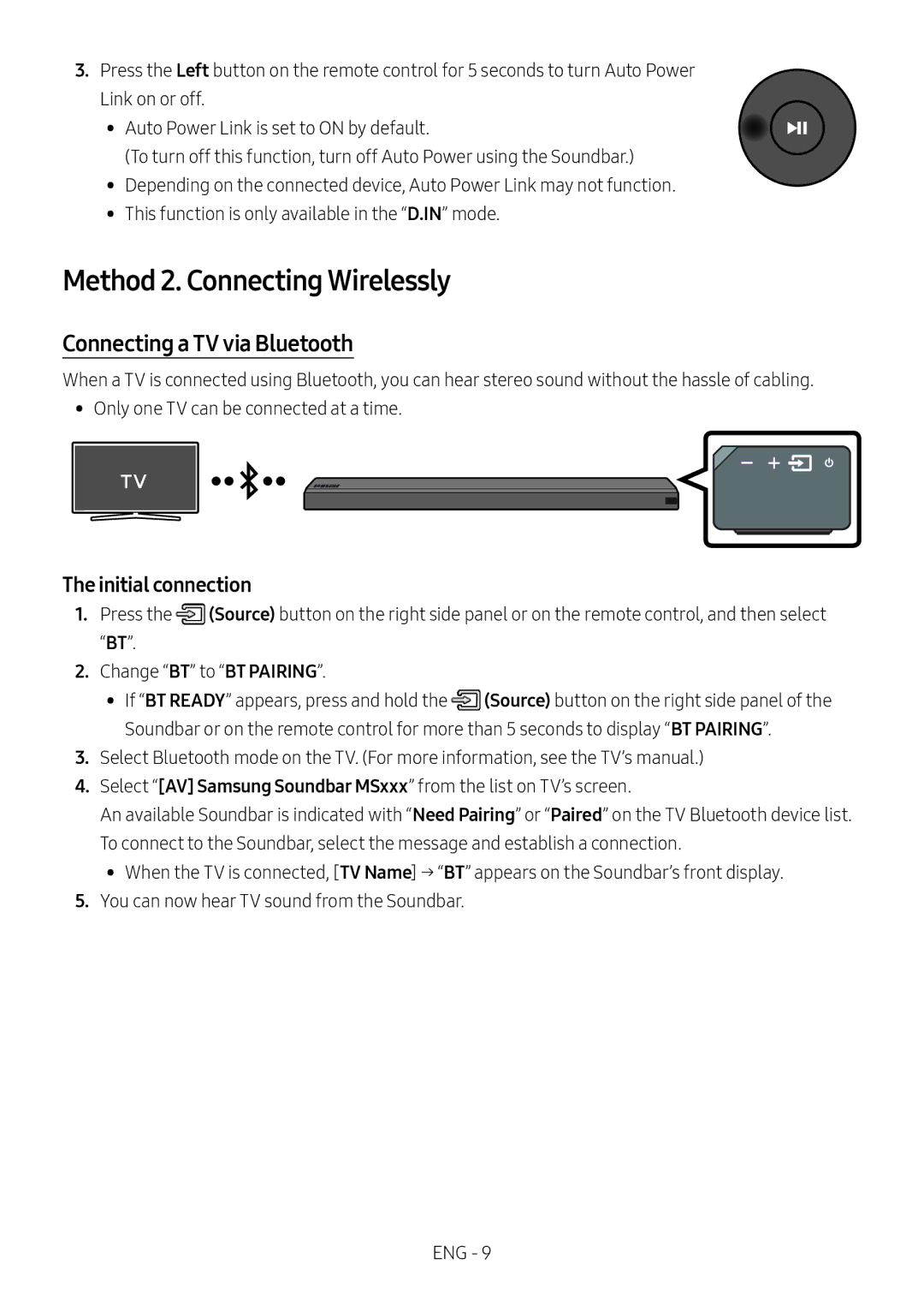 Samsung HW-MS650/ZF, HW-MS650/EN, HW-MS650/ZG, HW-MS651/ZG, HW-MS651/EN Method 2. Connecting Wirelessly, Initial connection 