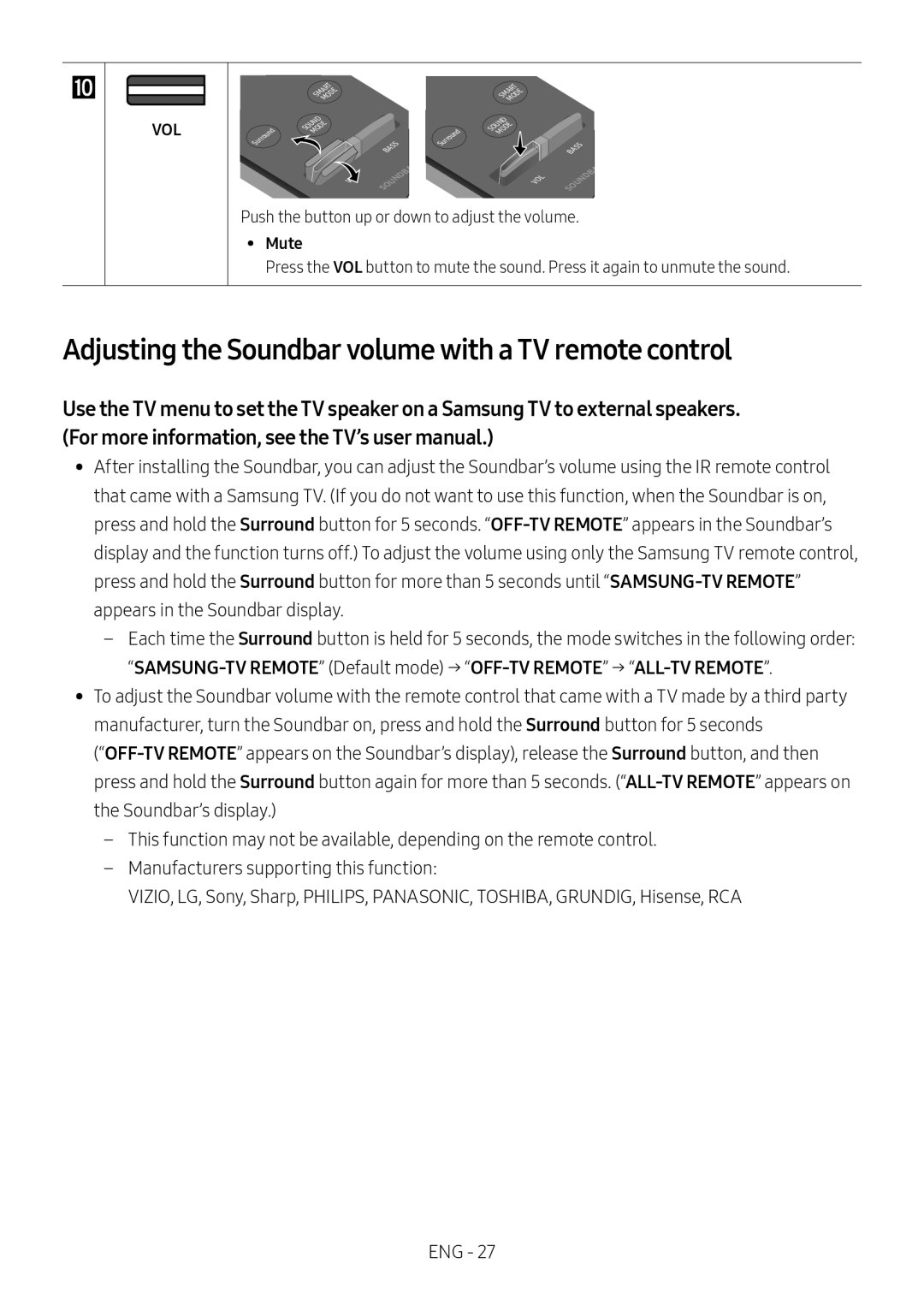 Samsung HW-MS661/XE, HW-MS650/EN, HW-MS650/ZG, HW-MS651/ZG manual Adjusting the Soundbar volume with a TV remote control, Vol 