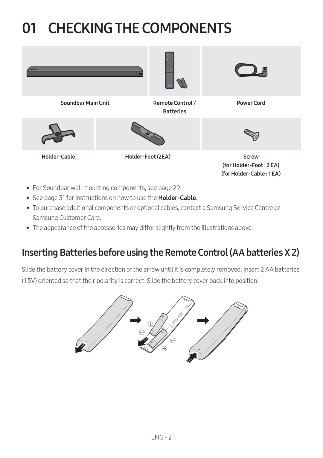 Samsung HW-MS660/XE, HW-MS650/EN, HW-MS650/ZG, HW-MS651/ZG, HW-MS651/EN, HW-MS651/ZF, HW-MS650/ZF manual Checking the Components 