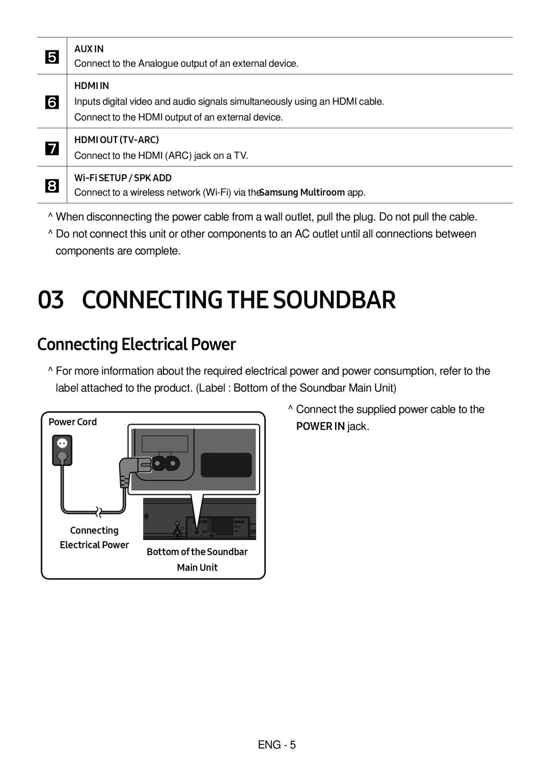 Samsung HW-MS650/ZG, HW-MS650/EN, HW-MS651/ZG, HW-MS651/EN, HW-MS651/ZF Connecting the Soundbar, Connecting Electrical Power 