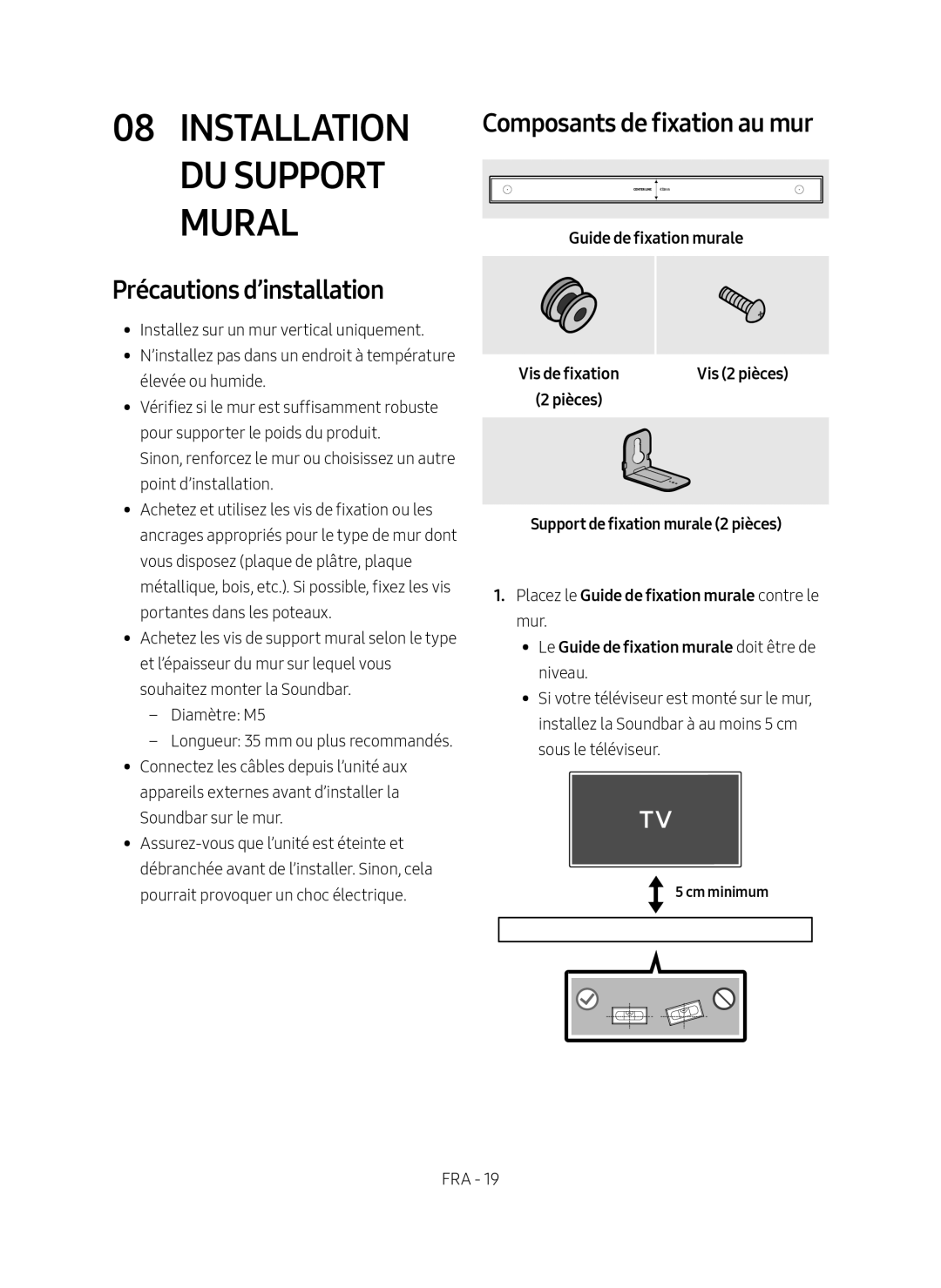 Samsung HW-MS651/EN Installation du Support Mural, Précautions d’installation, Composants de fixation au mur, Cm minimum 