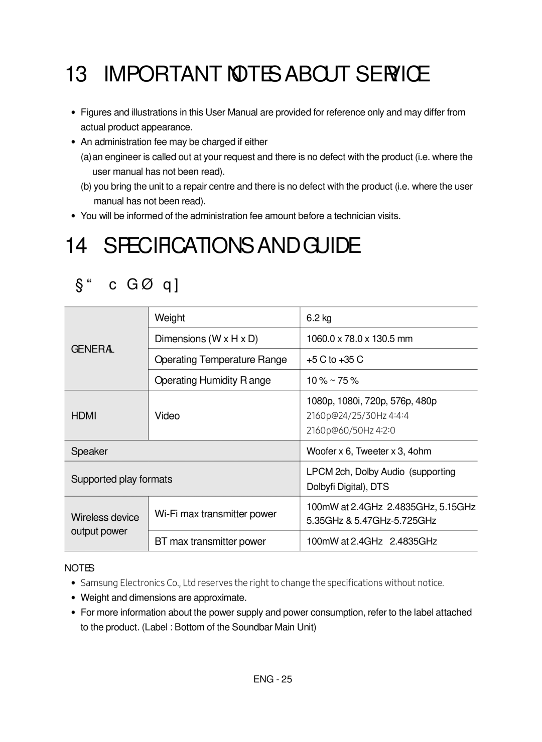 Samsung HW-MS651/EN, HW-MS650/EN manual Important Notes About Service, Specifications and Guide 