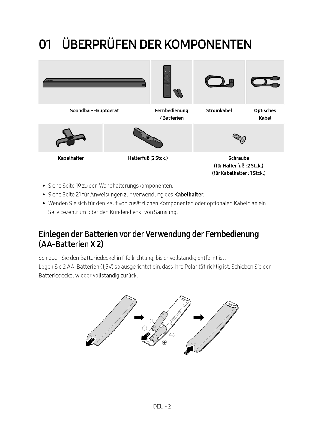 Samsung HW-MS650/EN, HW-MS651/EN manual 01 Überprüfen der Komponenten, Soundbar-Hauptgerät, Kabelhalter 