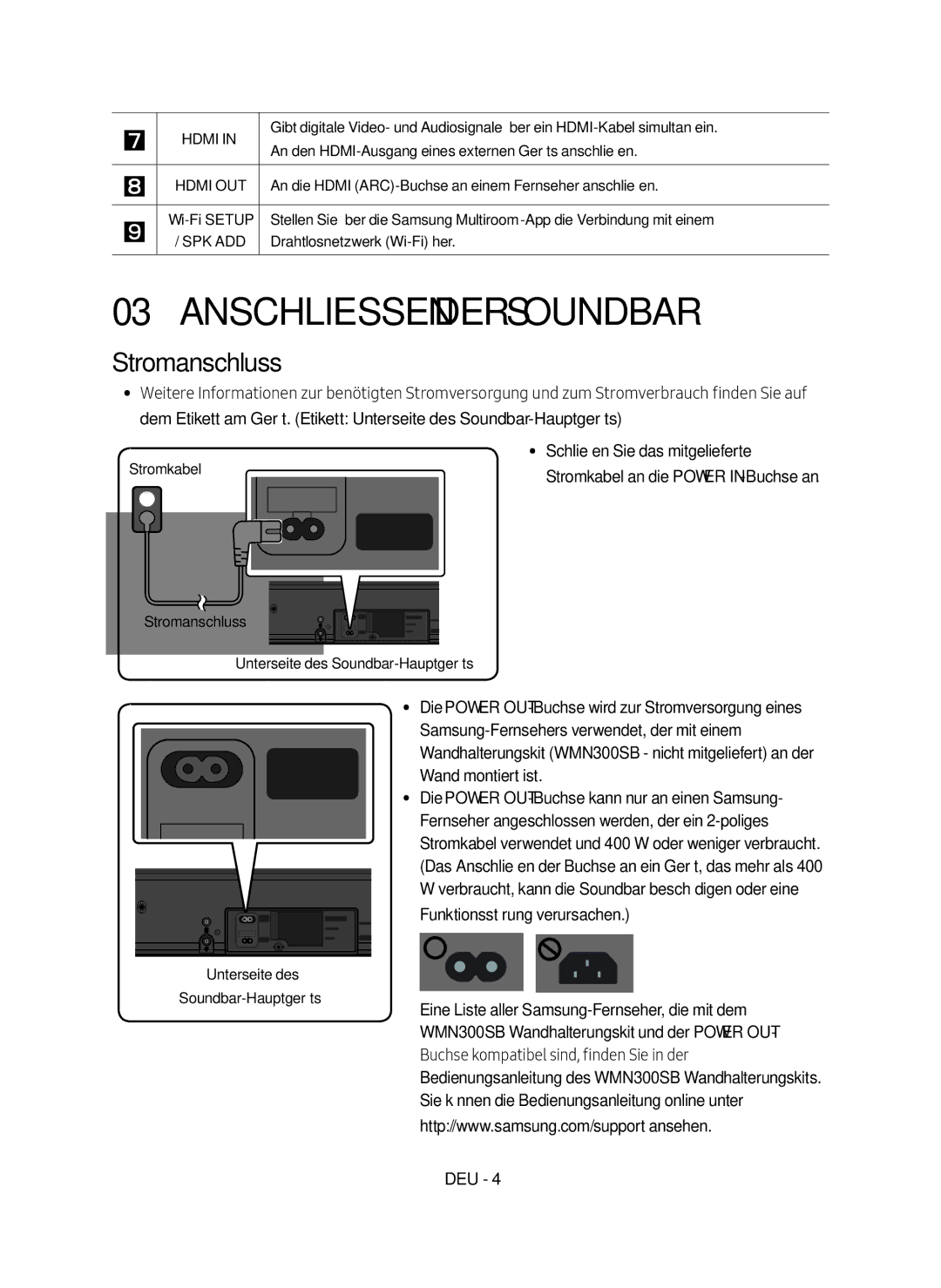 Samsung HW-MS650/EN, HW-MS651/EN manual Anschliessen der Soundbar, Stromanschluss, Stromkabel 