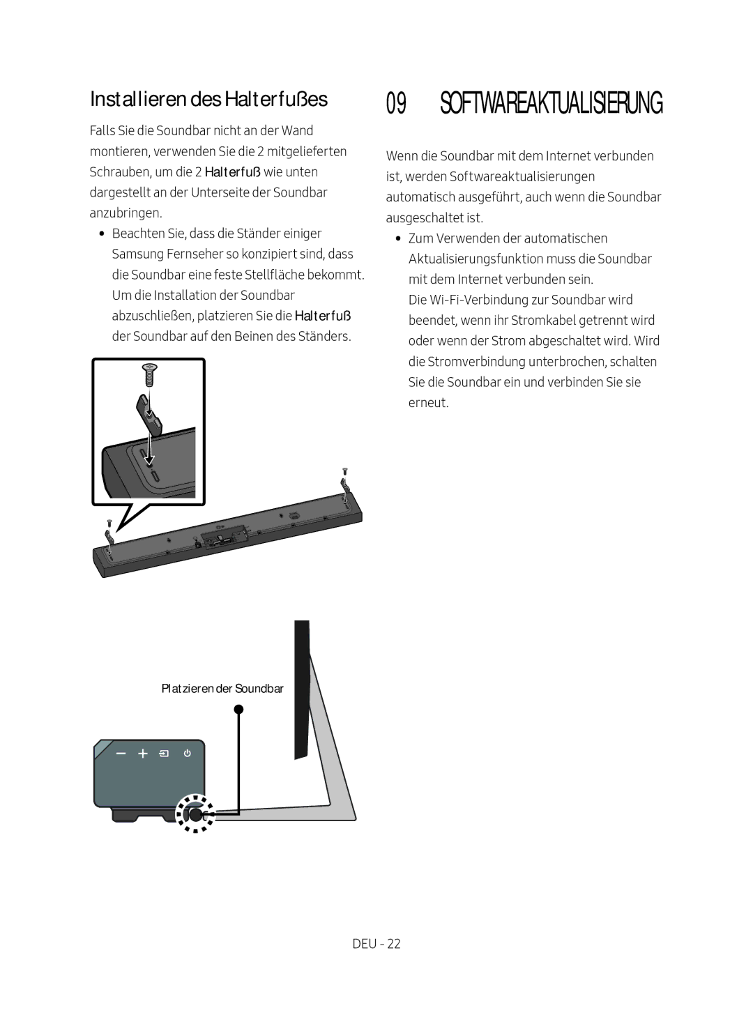 Samsung HW-MS650/EN, HW-MS651/EN manual Installieren des Halterfußes, Platzieren der Soundbar 