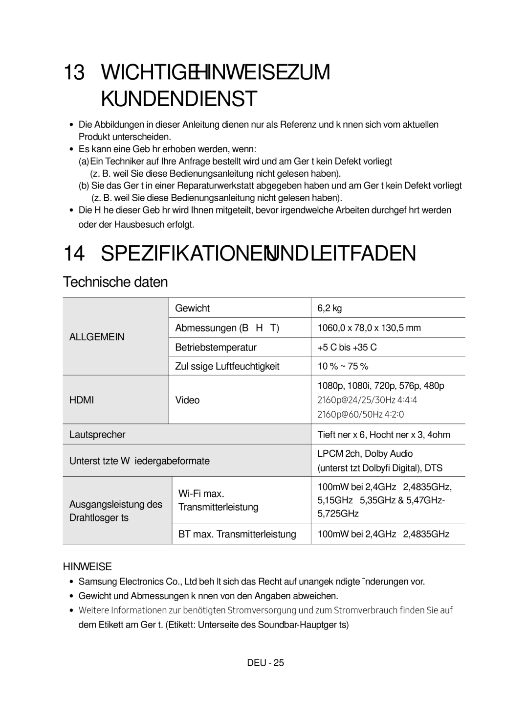 Samsung HW-MS651/EN, HW-MS650/EN manual Wichtige Hinweise zum Kundendienst, Spezifikationen und Leitfaden, Technische daten 