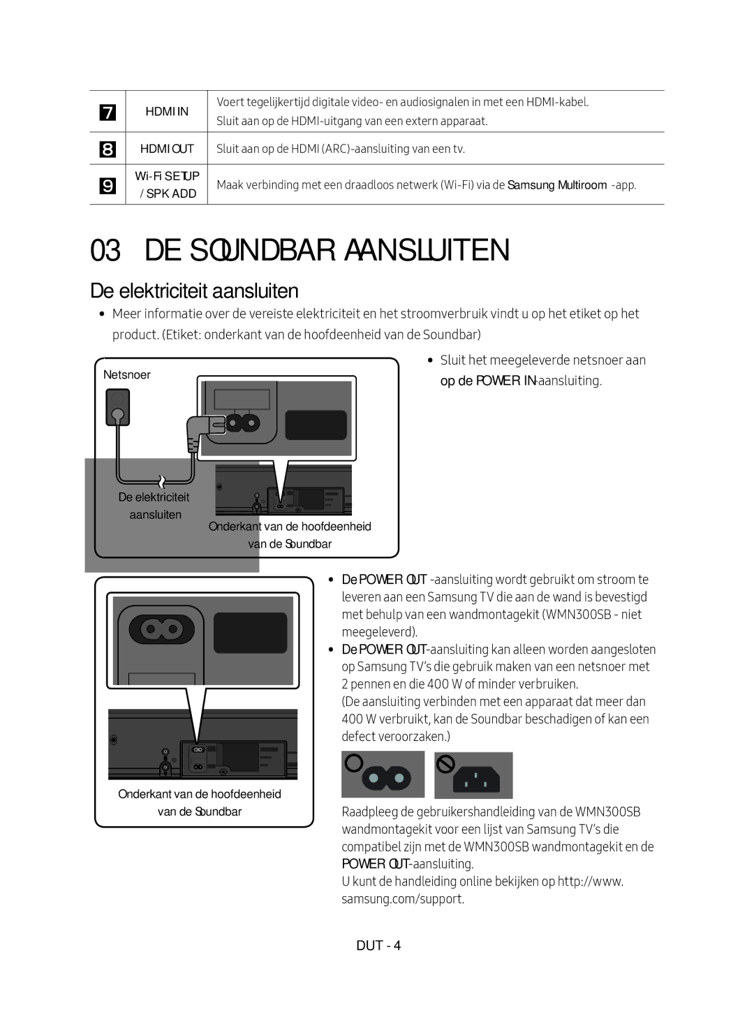 Samsung HW-MS650/EN, HW-MS651/EN manual De Soundbar Aansluiten, De elektriciteit aansluiten 