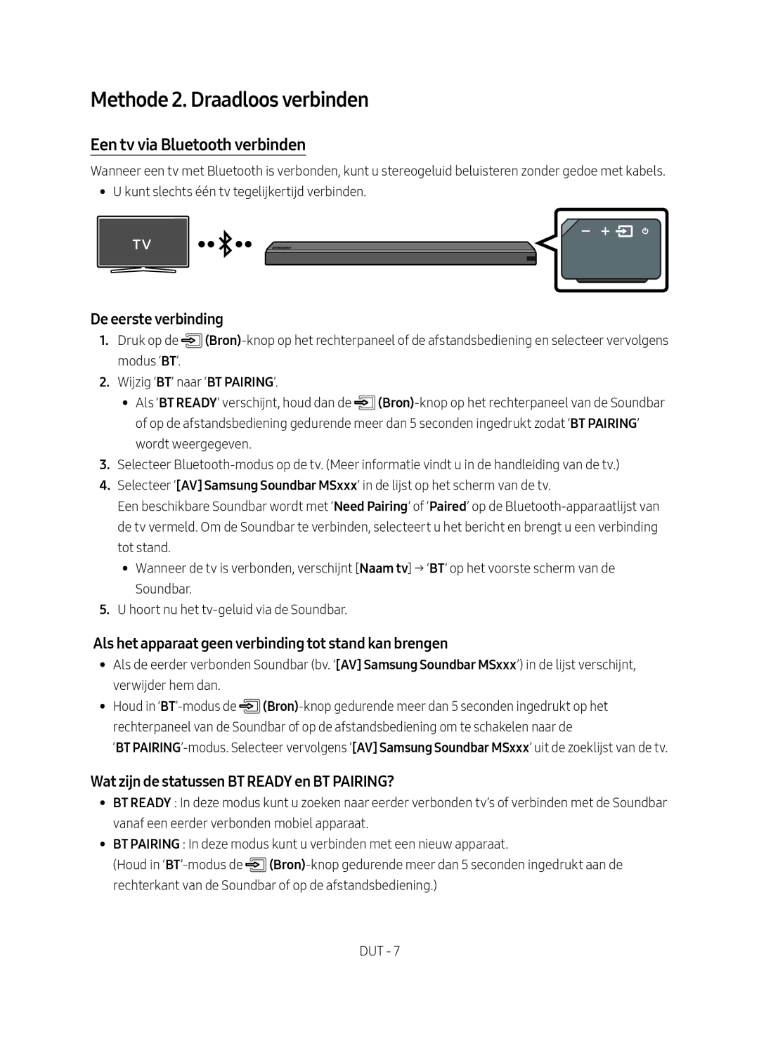 Samsung HW-MS651/EN, HW-MS650/EN manual Methode 2. Draadloos verbinden, Een tv via Bluetooth verbinden, De eerste verbinding 