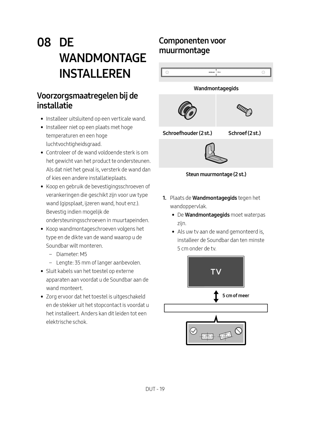 Samsung HW-MS651/EN manual De Wandmontage Installeren, Voorzorgsmaatregelen bij de installatie, Steun muurmontage 2 st 