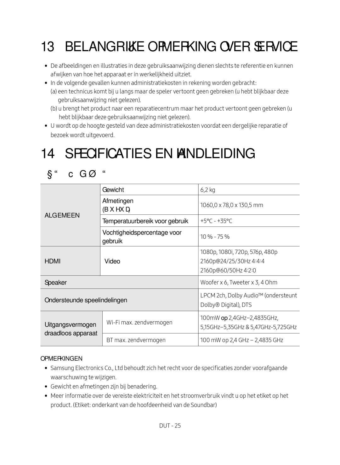 Samsung HW-MS651/EN, HW-MS650/EN manual Belangrijke Opmerking over Service, Specificaties en Handleiding 