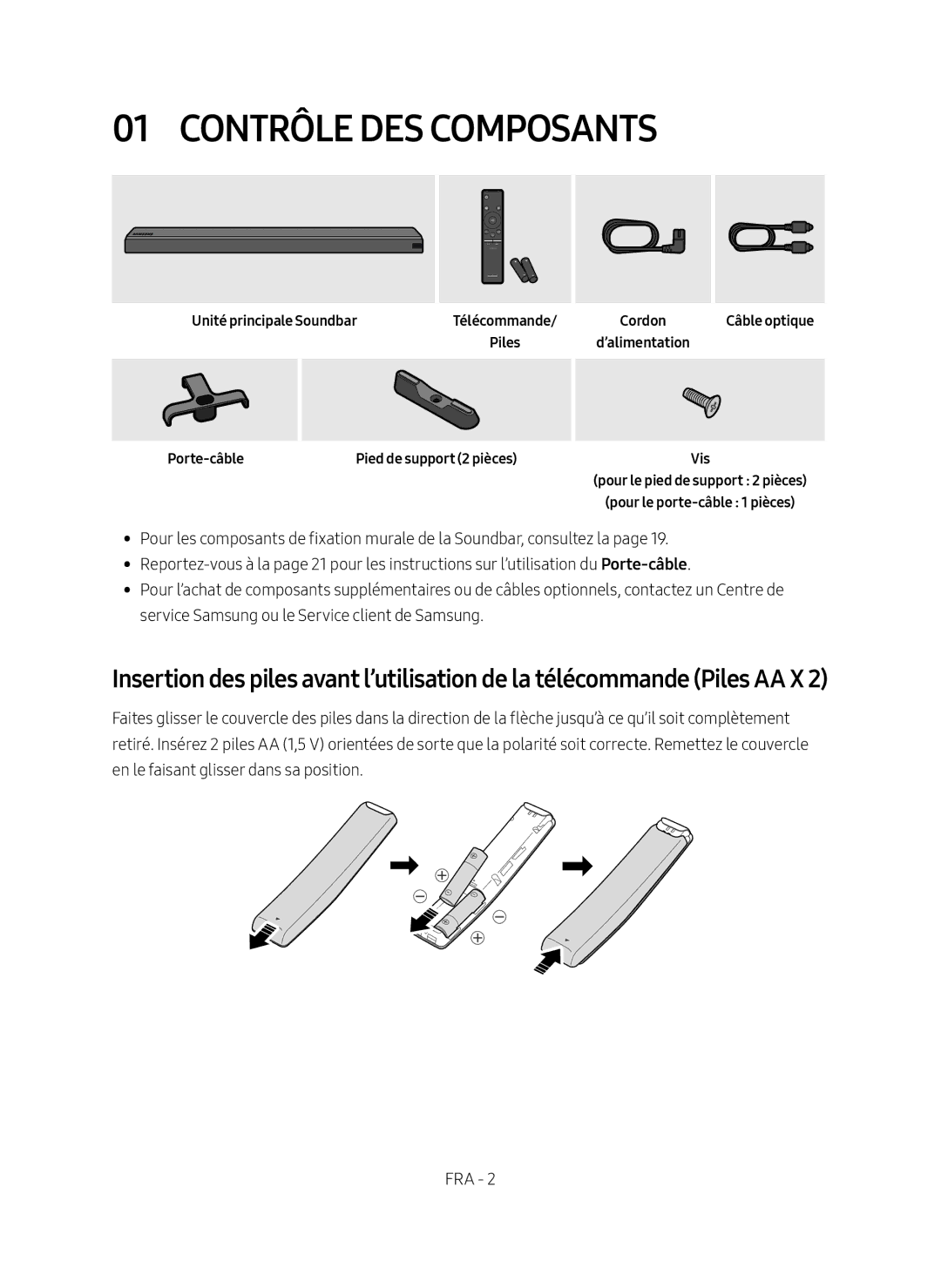 Samsung HW-MS650/EN, HW-MS651/EN manual Contrôle des Composants, Unité principale Soundbar, Porte-câble 