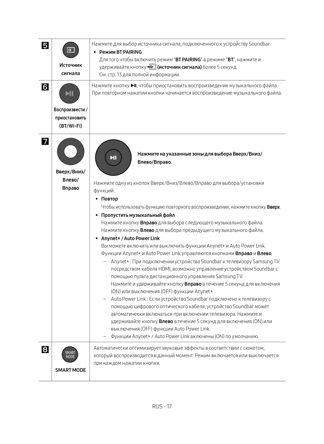 Samsung HW-MS650/RU Режим BT Pairing, Удерживайте кнопку Источник сигнала более 5 секунд, См. стр для полной информации 