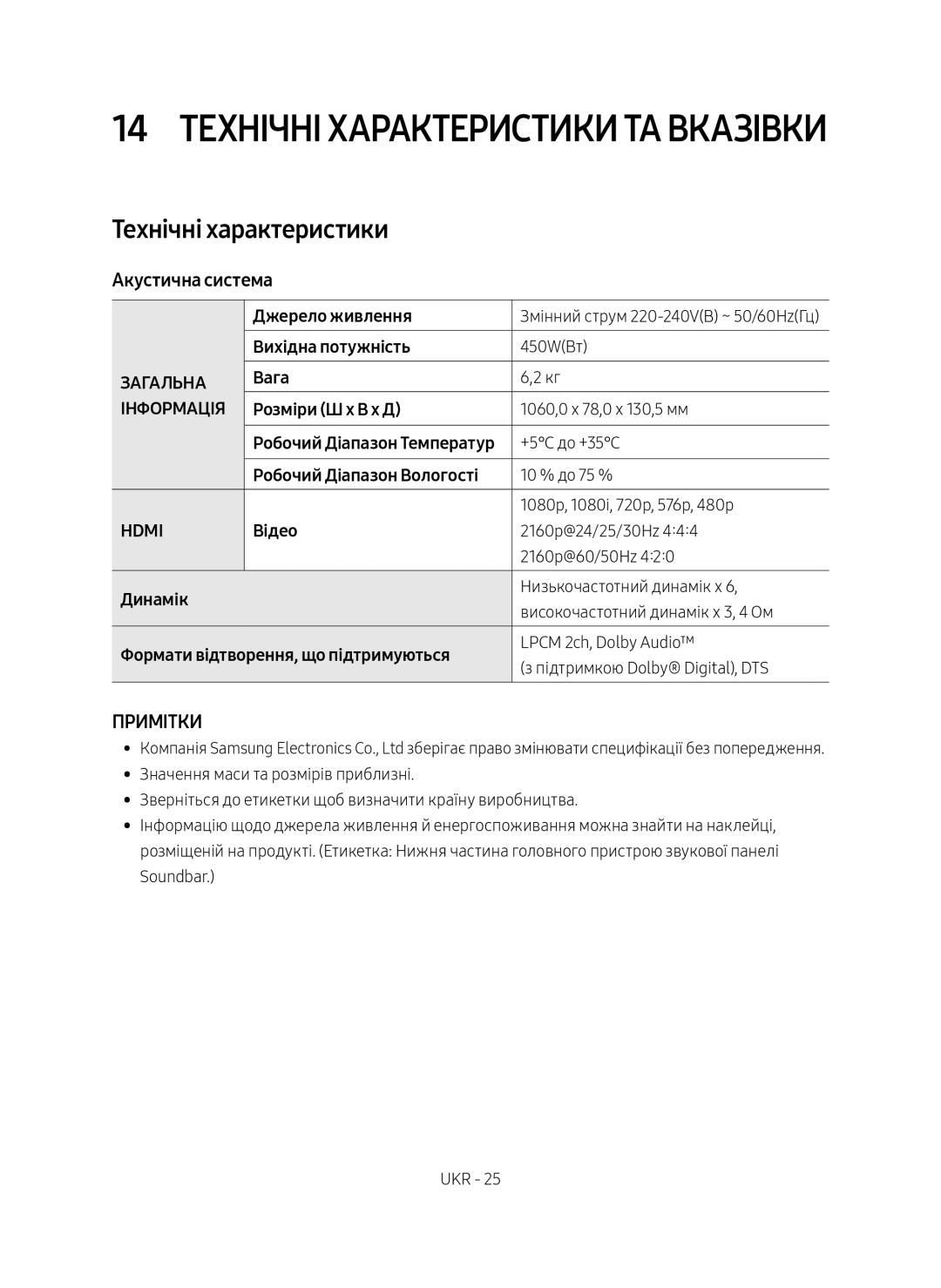 Samsung HW-MS650/RU manual 14 Технічні характеристики та вказівки, Акустична система, Робочий Діапазон Температур 