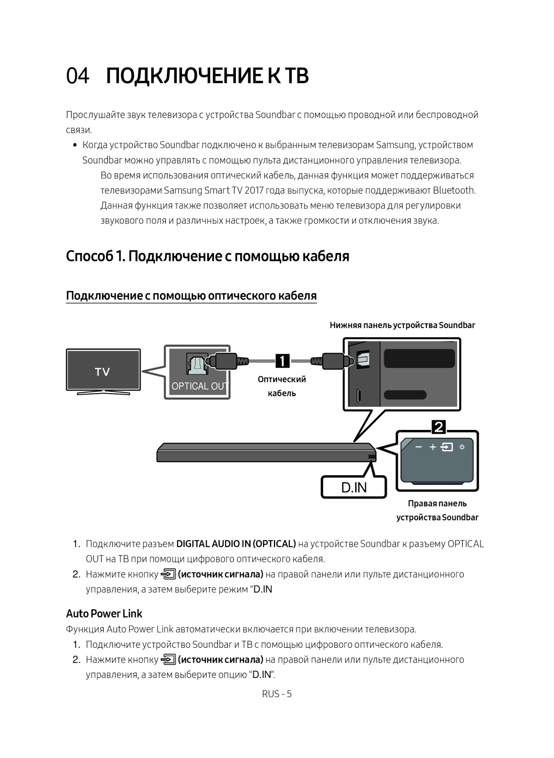 Samsung HW-MS650/RU 04 Подключение к ТВ, Способ 1. Подключение с помощью кабеля, Подключение с помощью оптического кабеля 