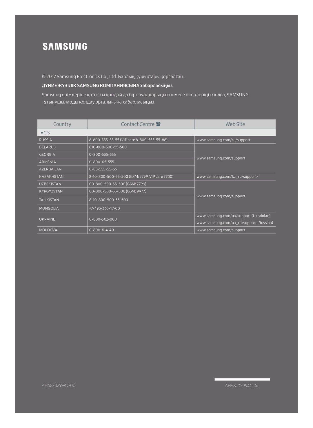 Samsung HW-MS650/RU manual Дүниежүзілік Samsung Компаниясына хабарласыңыз 